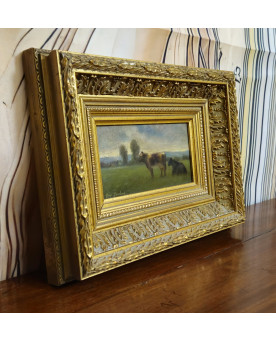 Le village de 58 brocanteurs - Huile sur panneau – Tony Gualano - Scène pastorale aux vaches – École italienne
