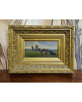 Le village de 58 brocanteurs - Huile sur panneau – Tony Gualano - Scène pastorale aux vaches – École italienne