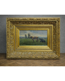 Le village de 58 brocanteurs - Huile sur panneau – Tony Gualano - Scène pastorale aux vaches – École italienne