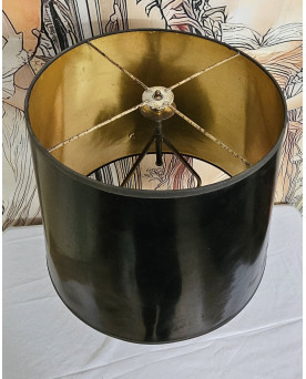 Le village de 58 brocanteurs - Grande lampe de table vintage – céramique noire et dorée – décor têtes de lion