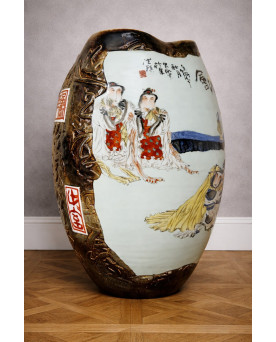 Le village de 58 brocanteurs - Grand vase asiatique décor personnages et calligraphies – Céramique émaillée – Décor en relief