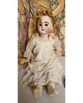 Le village de 58 brocanteurs - Grande poupée tête porcelaine marquée en creux SFBJ 14, bouche ouverte, h80 cm