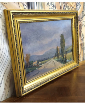 Le village de 58 brocanteurs - Tableau ancien – Huile sur carton – Paysage rural signé M Langeron – cadre doré - XXeme