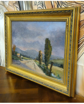 Le village de 58 brocanteurs - Tableau ancien – Huile sur carton – Paysage rural signé M Langeron – cadre doré - XXeme