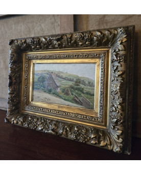 Le village de 58 brocanteurs - Huile sur panneau – Paysage Provencal rural animé - XIXeme