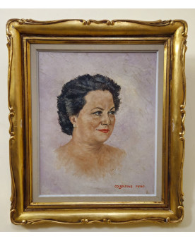 Le village de 58 brocanteurs - Portrait ancien de femme – Huile sur toile signée René Cazassus – cadre doré