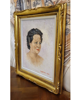 Le village de 58 brocanteurs - Portrait ancien de femme – Huile sur toile signée René Cazassus – cadre doré
