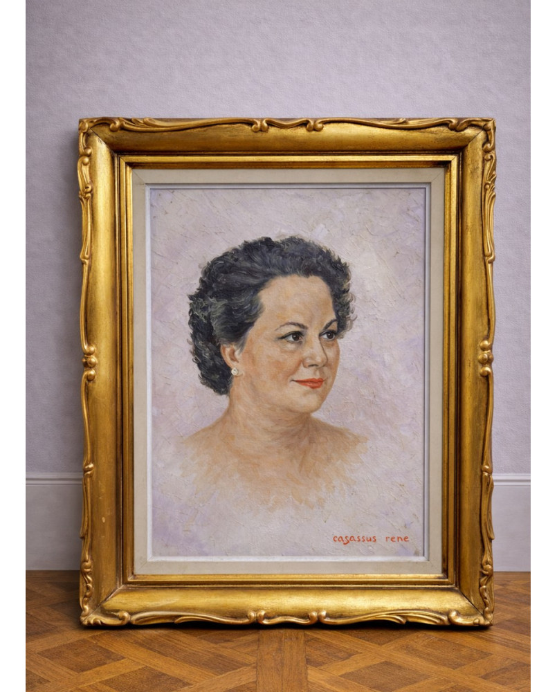 Le village de 58 brocanteurs - Portrait ancien de femme – Huile sur toile signée René Cazassus – cadre doré