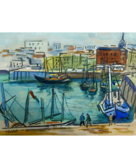 Le village de 58 brocanteurs - Aquarelle / technique mixte – Port animé – Signée R. Favier – Encadrée