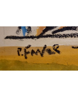 Le village de 58 brocanteurs - Aquarelle / technique mixte – Port animé – Signée R. Favier – Encadrée