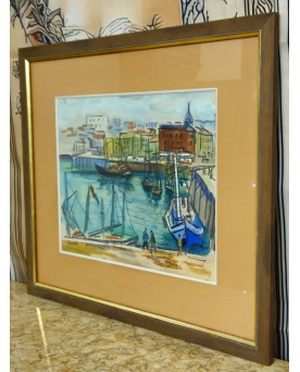 Le village de 58 brocanteurs - Aquarelle / technique mixte – Port animé – Signée R. Favier – Encadrée
