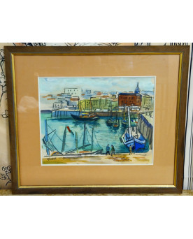 Le village de 58 brocanteurs - Aquarelle / technique mixte – Port animé – Signée R. Favier – Encadrée