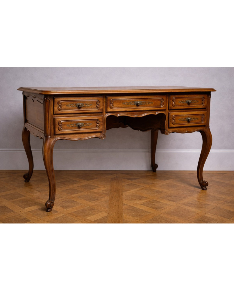 Bureau ancien style Louis XV en bois massif – 5 tiroirs – plateau marqueté - XXeme