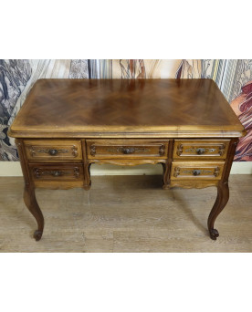 Bureau ancien style Louis XV en bois massif – 5 tiroirs – plateau marqueté - XXeme
