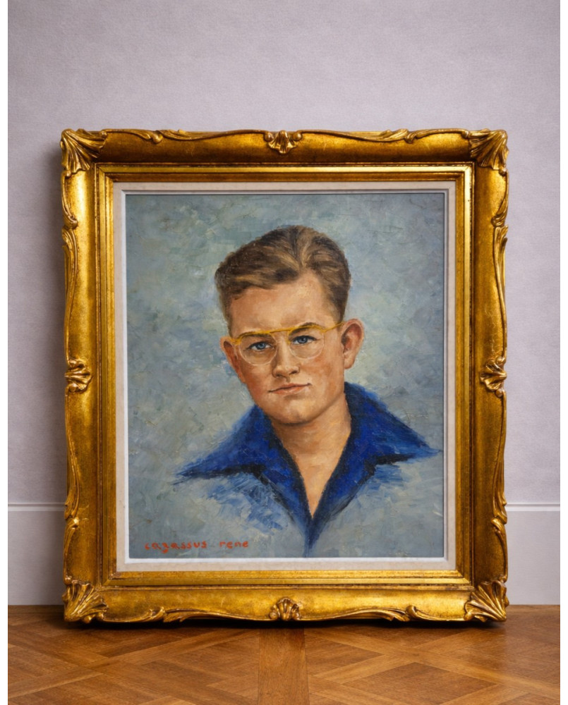 Portrait ancien de jeune homme – Huile sur toile signée René Cazassus – cadre doré