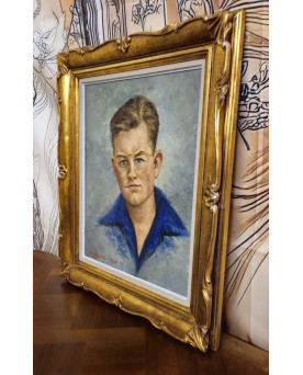 Portrait ancien de jeune homme – Huile sur toile signée René Cazassus – cadre doré