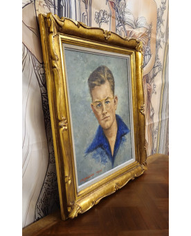 Portrait ancien de jeune homme – Huile sur toile signée René Cazassus – cadre doré