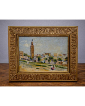 Tableau orientaliste signé – Huile sur panneau – Cadre sculpté à décor pseudo-coufique – XXe