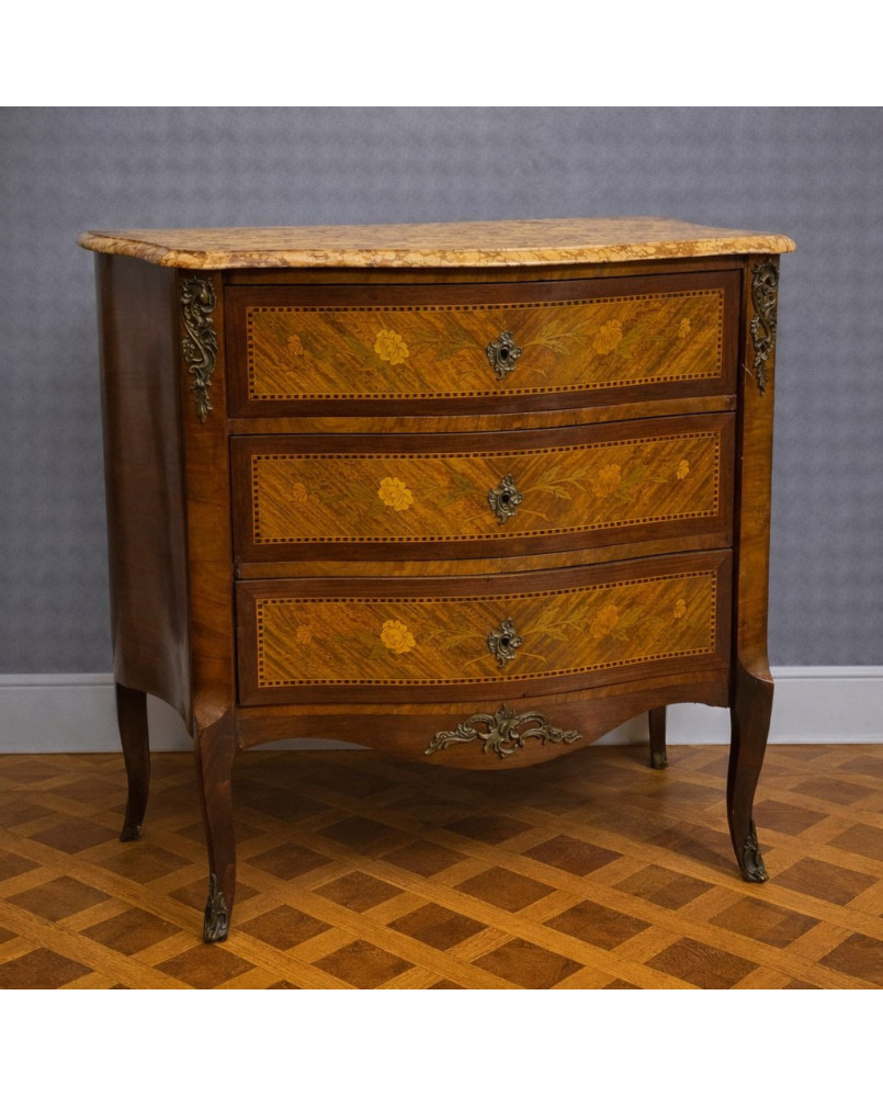 Commode de Dame galbée style Louis XV marquetée avec marbre – XIXᵉ siècle