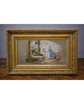 Angéle Blanc 1890 : Charmante peinture ancienne (gouache) représentant une scène galante