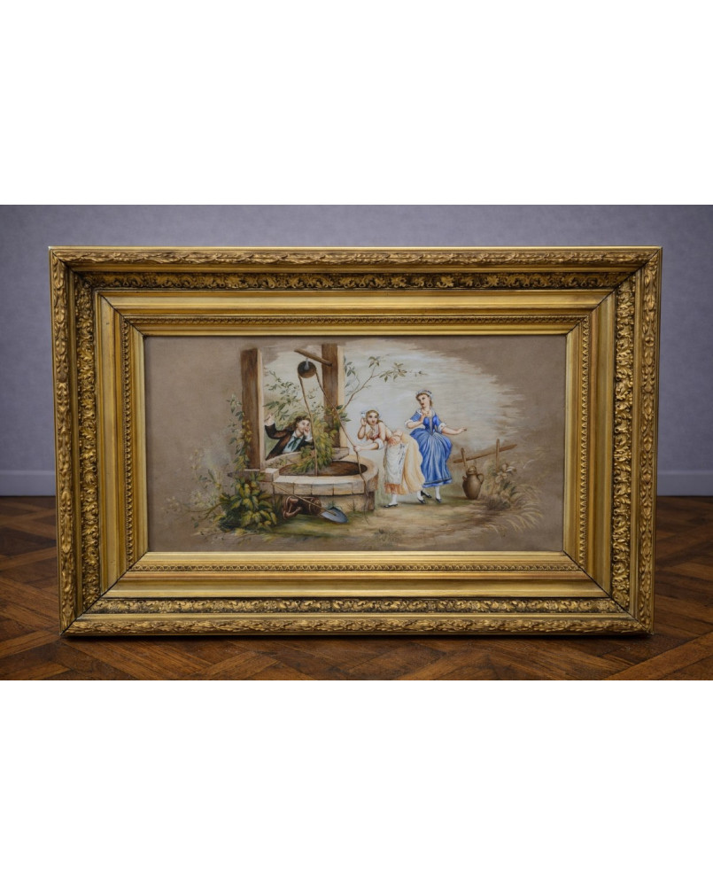 Angéle Blanc 1890 : Charmante peinture ancienne (gouache) représentant une scène galante