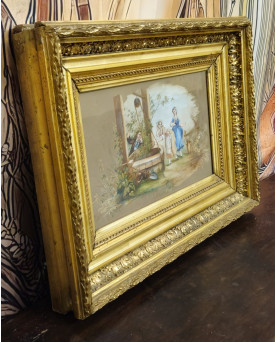 Angéle Blanc 1890 : Charmante peinture ancienne (gouache) représentant une scène galante