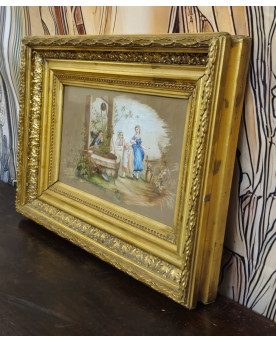 Angéle Blanc 1890 : Charmante peinture ancienne (gouache) représentant une scène galante