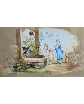 Angéle Blanc 1890 : Charmante peinture ancienne (gouache) représentant une scène galante