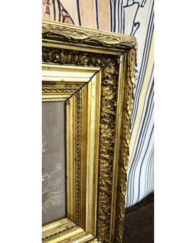 Angéle Blanc 1890 : Charmante peinture ancienne (gouache) représentant une scène galante