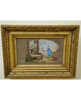 Angéle Blanc 1890 : Charmante peinture ancienne (gouache) représentant une scène galante