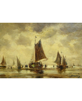Le village de 58 brocanteurs - Huile sur toile ancienne – marine aux voiliers – signée Bentley – école européenne – fin XIXe