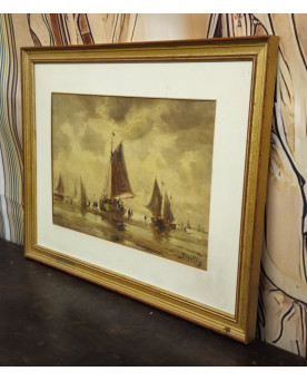 Le village de 58 brocanteurs - Huile sur toile ancienne – marine aux voiliers – signée Bentley – école européenne – fin XIXe
