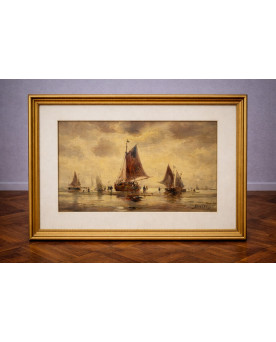 Le village de 58 brocanteurs - Huile sur toile ancienne – marine aux voiliers – signée Bentley – école européenne – fin XIXe