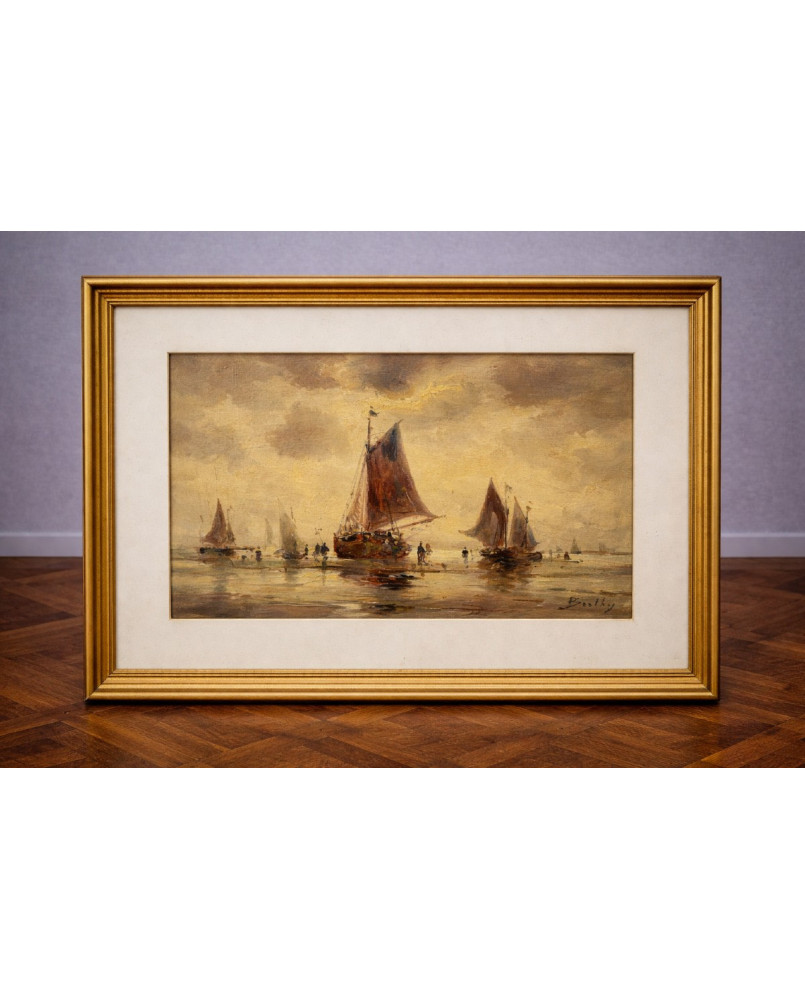 Le village de 58 brocanteurs - Huile sur toile ancienne – marine aux voiliers – signée Bentley – école européenne – fin XIXe