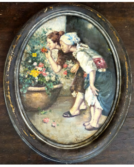Le village de 58 brocanteurs -Tableau ancien signé Forlenza / Naples – Huile sur carton – Scène de genre – Cadre ovale ancien