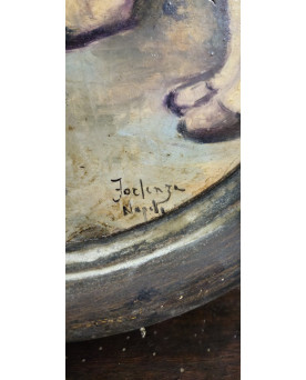 Le village de 58 brocanteurs -Tableau ancien signé Forlenza / Naples – Huile sur carton – Scène de genre – Cadre ovale ancien
