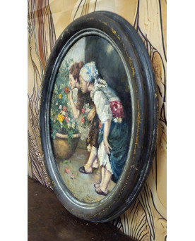 Le village de 58 brocanteurs -Tableau ancien signé Forlenza / Naples – Huile sur carton – Scène de genre – Cadre ovale ancien