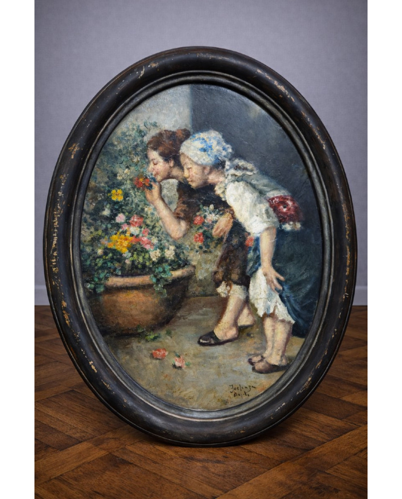 Le village de 58 brocanteurs -Tableau ancien signé Forlenza / Naples – Huile sur carton – Scène de genre – Cadre ovale ancien