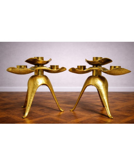 Le village de 58 brocanteurs - Paire de bougeoirs trilobés design bronze doré, style Maison Jansen, années 70