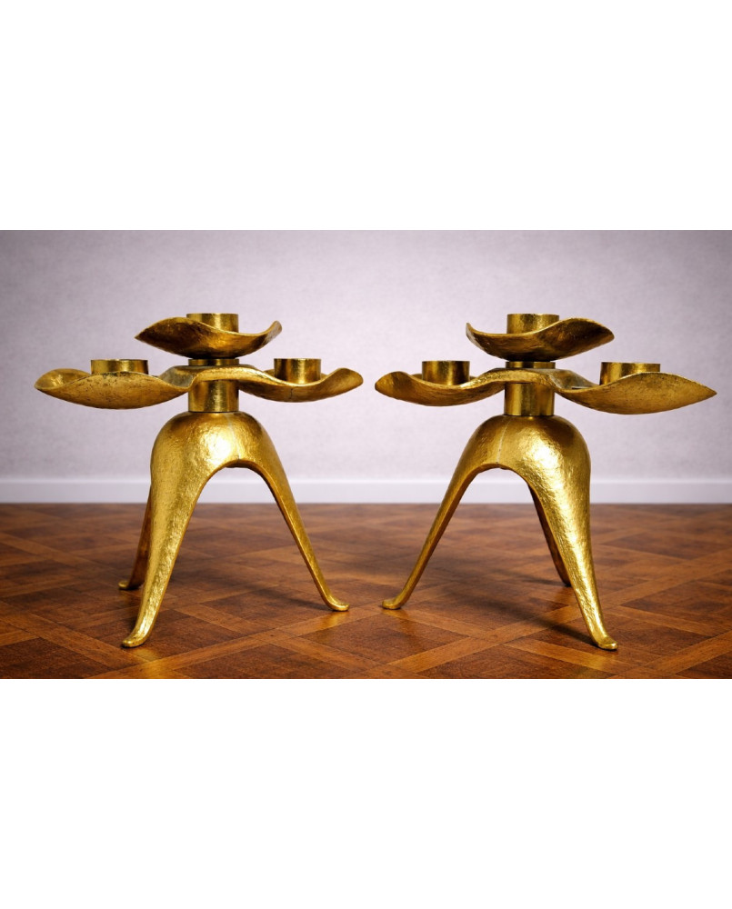 Le village de 58 brocanteurs - Paire de bougeoirs trilobés design bronze doré, style Maison Jansen, années 70
