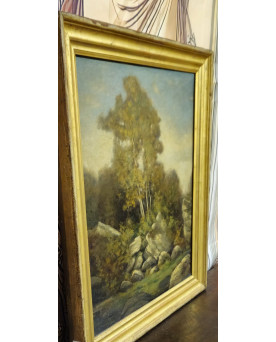 Le village de 58 brocanteurs - Tableau ancien – Huile sur toile – Paysage avec rochers et arbres – École européenne XXe –