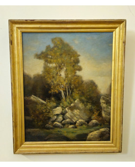 Le village de 58 brocanteurs - Tableau ancien – Huile sur toile – Paysage avec rochers et arbres – École européenne XXe –