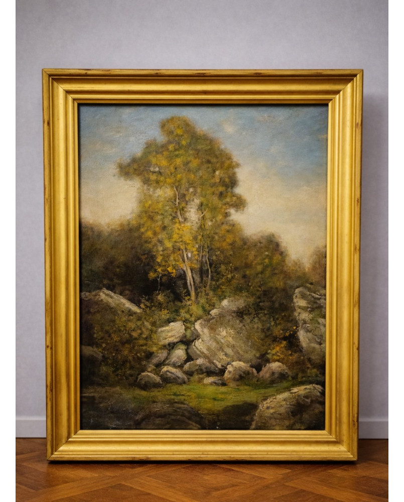 Le village de 58 brocanteurs - Tableau ancien – Huile sur toile – Paysage avec rochers et arbres – École européenne XXe –