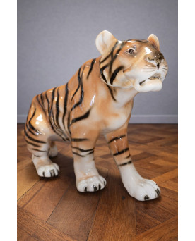 Le village de 58 brocanteurs - Grand tigre en porcelaine ROYAL DUX – Tchécoslovaquie - Art Déco 1930 - marque au triangle