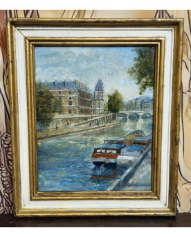 Le village de 58 brocanteurs - Huile sur panneau – Paris Quai des Grands-Augustins – signée H. Charby – scène parisienne
