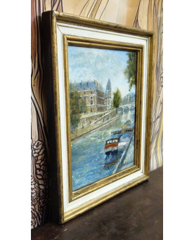 Le village de 58 brocanteurs - Huile sur panneau – Paris Quai des Grands-Augustins – signée H. Charby – scène parisienne