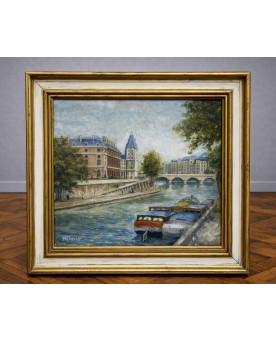 Le village de 58 brocanteurs - Huile sur panneau – Paris Quai des Grands-Augustins – signée H. Charby – scène parisienne