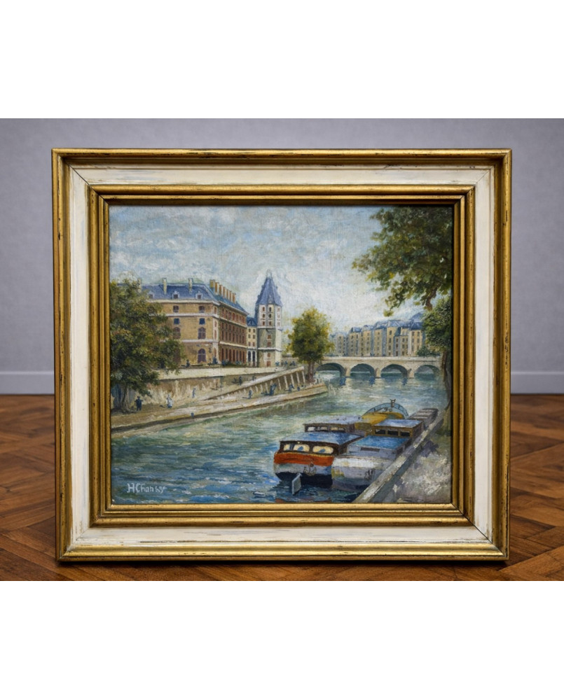 Le village de 58 brocanteurs - Huile sur panneau – Paris Quai des Grands-Augustins – signée H. Charby – scène parisienne