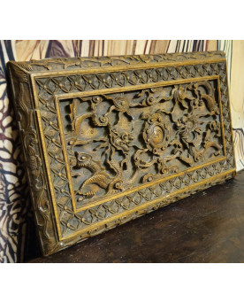 Le village de 58 brocanteurs - Panneau sculpté ancien en bois – décor dragons asiatiques – relief – art asiatique – Chine