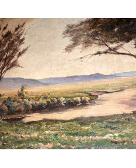 Le village de 58 brocanteurs - Immense huile sur toile ancienne représentant un paysage champêtre animé avec rivière